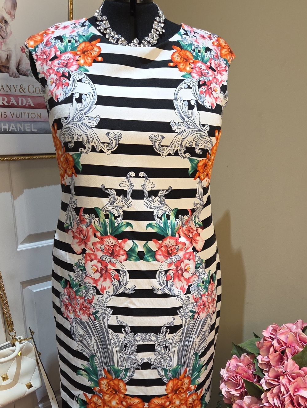 Nwot 16 Voir Voir Black & White Striped Midi Dress with Orange and Pink Floral - Picture 5 of 17